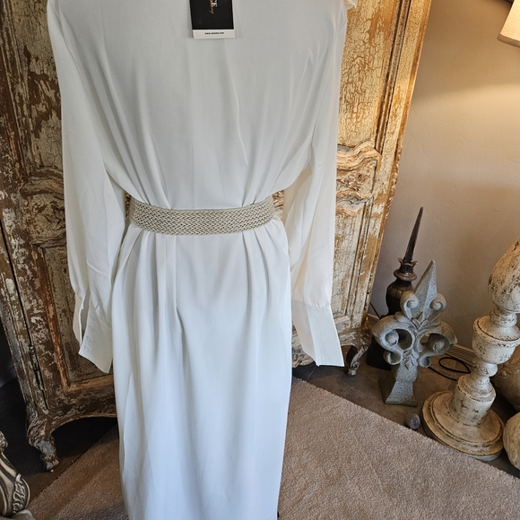 Elegant White Pleated-Front Maxi Dress with Long Sleeves - Picture 9 of 13
